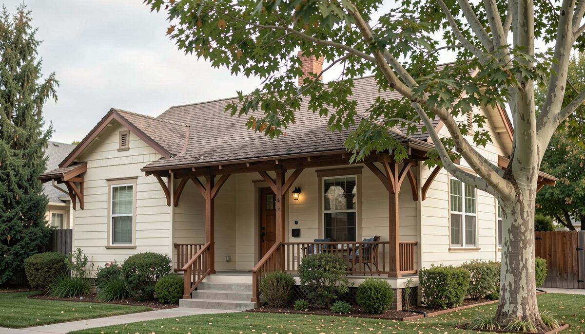 A Craftsman house with exposed rafter tails, knee braces and a tapered porch column above the Arroyo Seco.