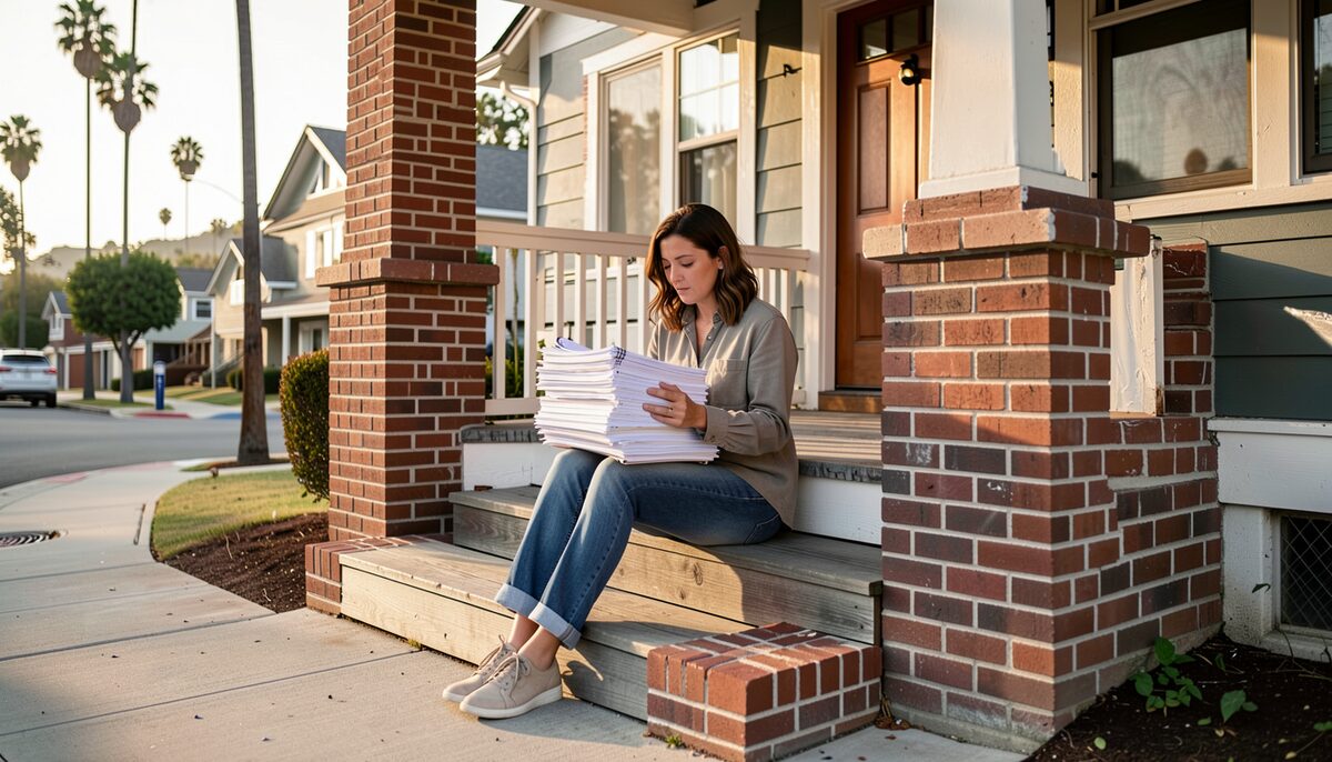 A woman sitting on the wooden front steps of a bungalow between two brick porch piers, reading a thick stack of papers in late afternoon sun.