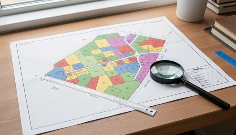 A printed parcel map with colored zoning parcels spread on a desk, a ruler and a magnifying glass resting on it, natural window light