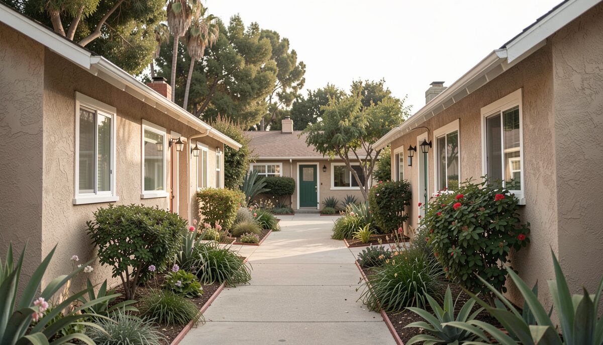 A row of small stucco cottages facing a shared planted courtyard in a Los Angeles bungalow court.