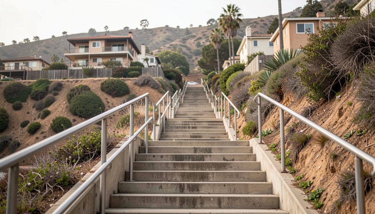 A concrete public stairway climbing between hillside houses with handrails and overgrown edges in Mount Washington.