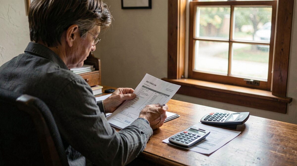 A small business owner at a wooden desk in a Pasadena craftsman office, reviewing a tax receipt form beside a calculator, morning light through a double-hung window
