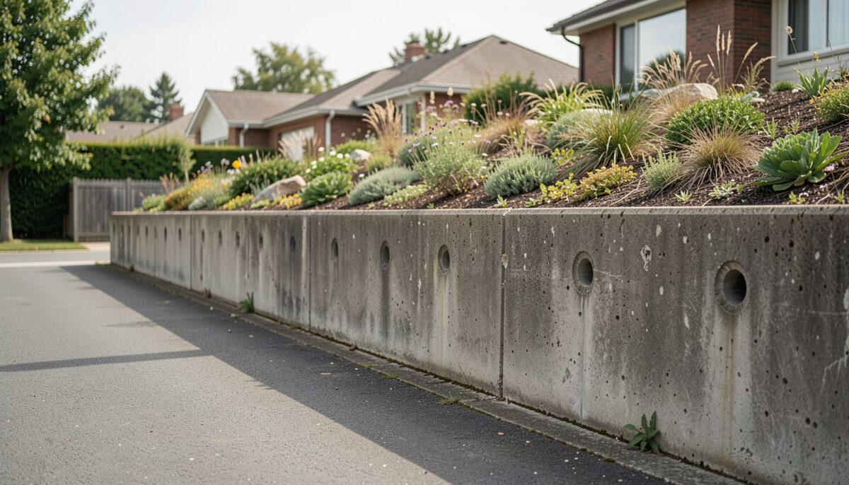 An aging concrete retaining wall with weep holes holding a planted slope beside a Northeast LA driveway.